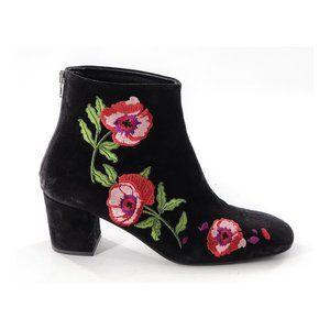 Renvy Black Velvet Ankle Boots with Red & Pink Floral Embroidery